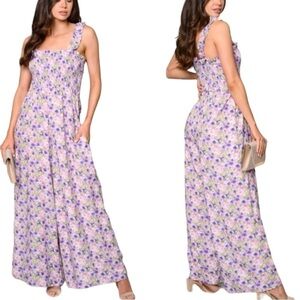 Jacquie The Label Floral Smocked Top Extra Wide Leg Palazzo Lavender Jumpsuit